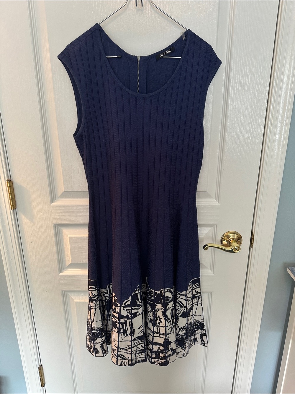 Navy and White Sleeveless Knit Midi Dress with White Printed Retro Hem - Size L